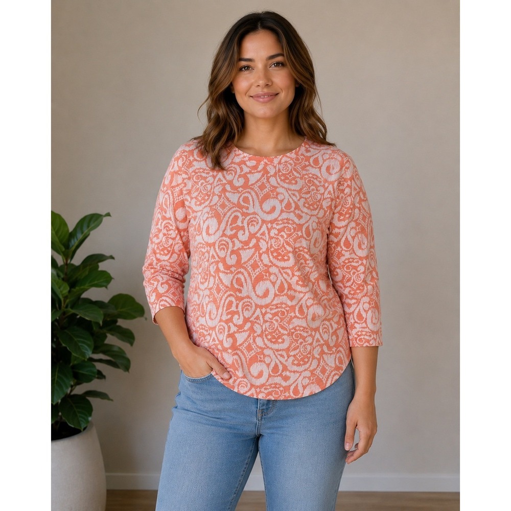 Fresh Produce Slub Knit Top Womens SM Orange Ikat Paisley Summer High Low